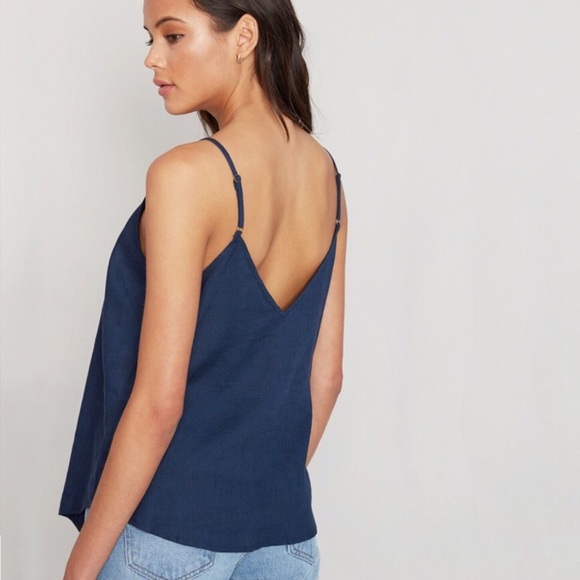Blue Tie Front Top Linen Button-Down Tank Top Cami - Picture 3 of 6